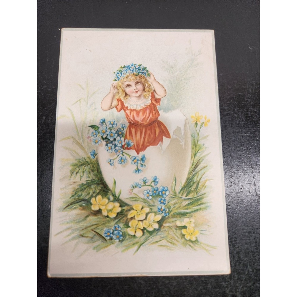 Vintage Easter Greeting Card Girl in Eggshell Forget-Me-Nots Floral Embossed